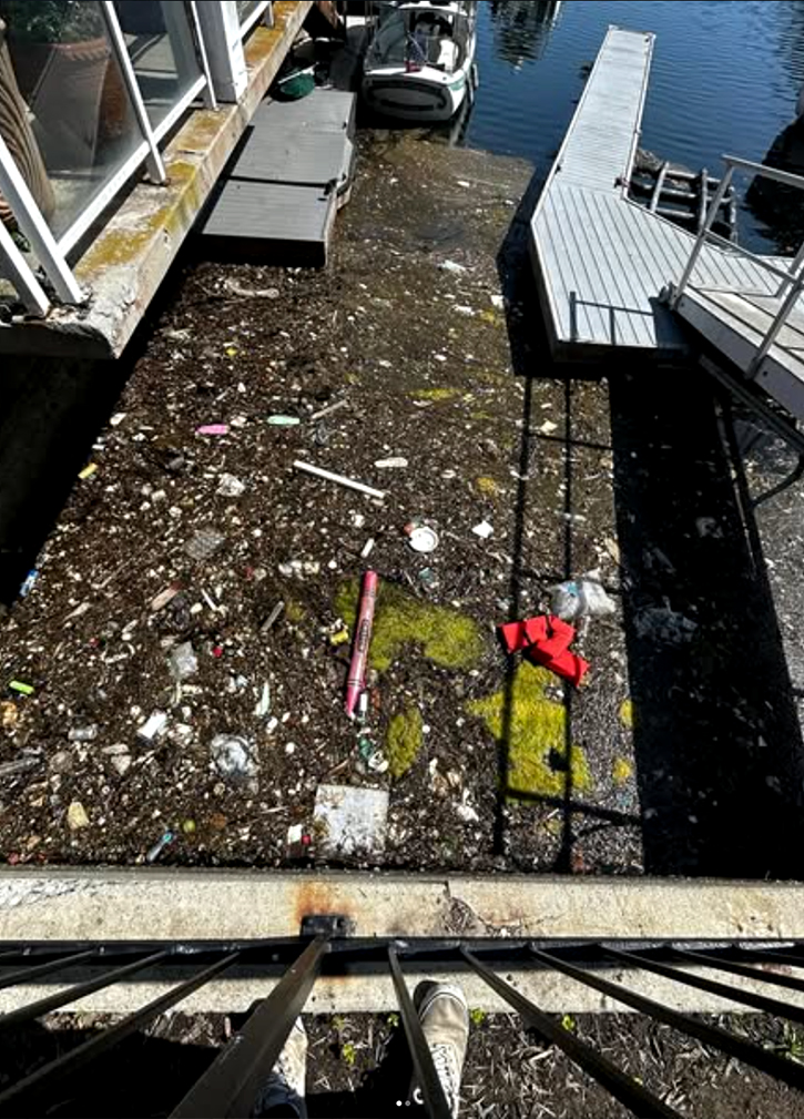 trash and debris in a polluted waterway